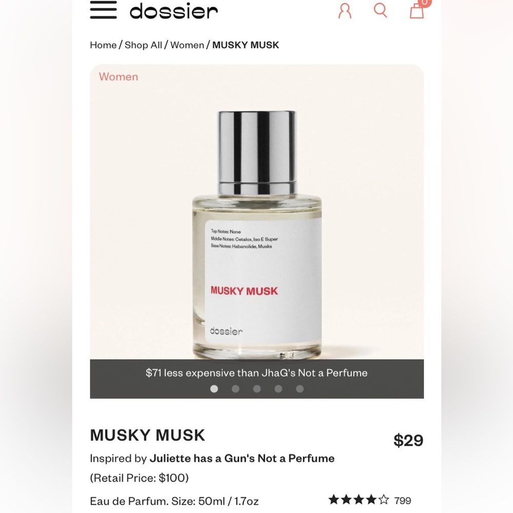 Dossier Musky Musk dupe for Juliette has a Gun Not a Perfume. Full bottle